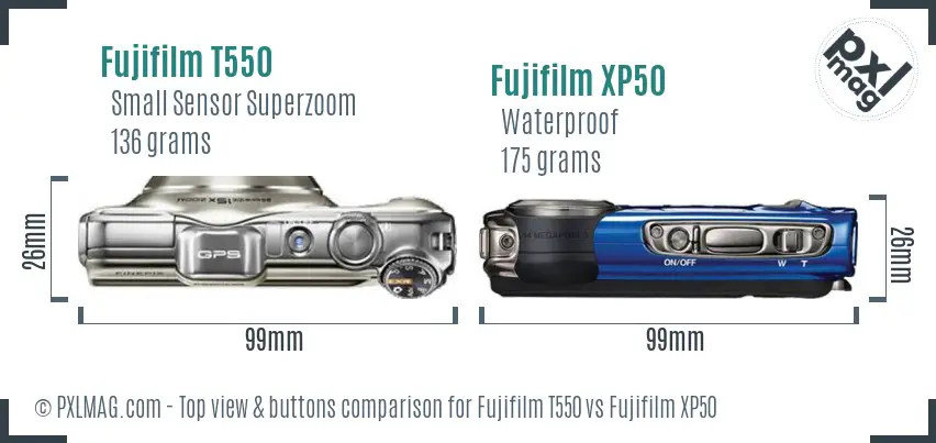 Fujifilm T550 vs Fujifilm XP50 top view buttons comparison
