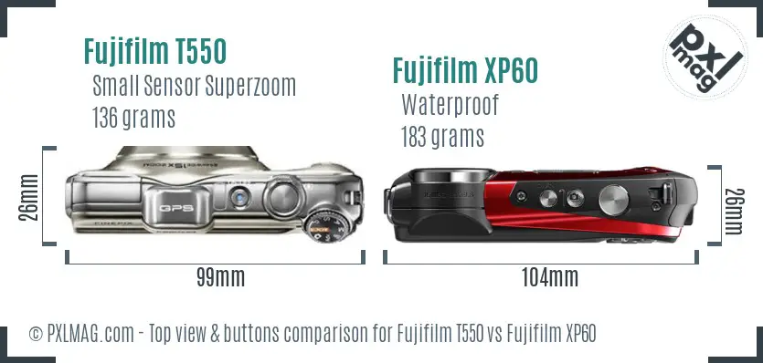 Fujifilm T550 vs Fujifilm XP60 top view buttons comparison