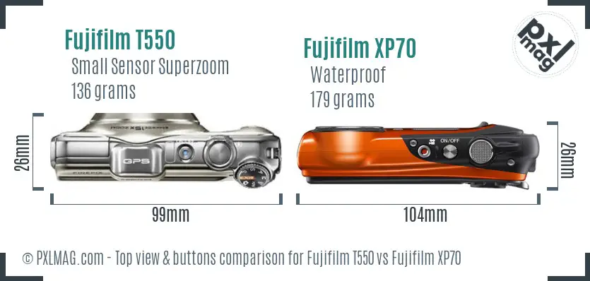 Fujifilm T550 vs Fujifilm XP70 top view buttons comparison