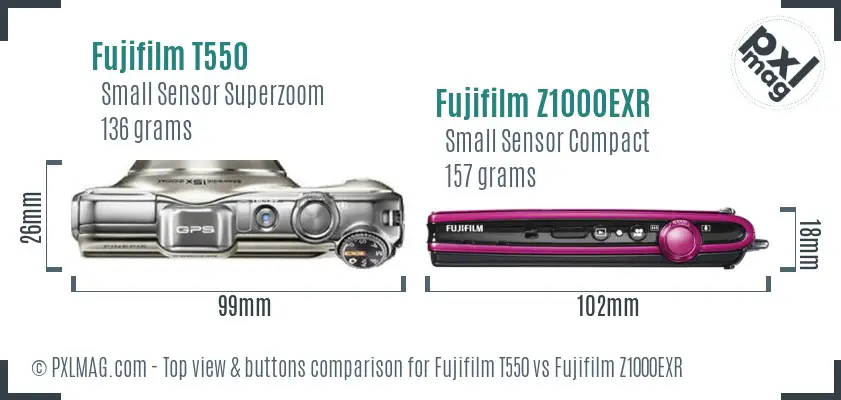 Fujifilm T550 vs Fujifilm Z1000EXR top view buttons comparison Fujifilm T550 vs Fujifilm Z1000EXR top view buttons comparison