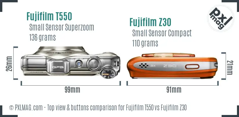 Fujifilm T550 vs Fujifilm Z30 top view buttons comparison