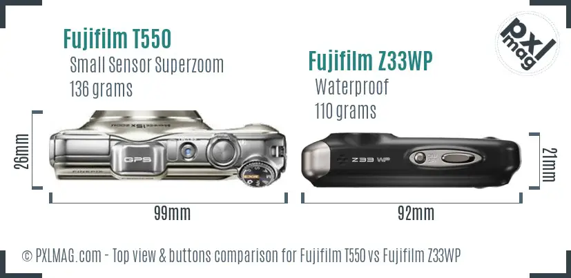 Fujifilm T550 vs Fujifilm Z33WP top view buttons comparison