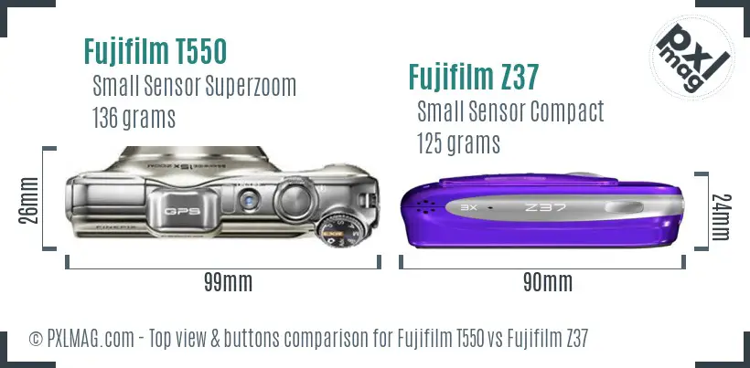 Fujifilm T550 vs Fujifilm Z37 top view buttons comparison