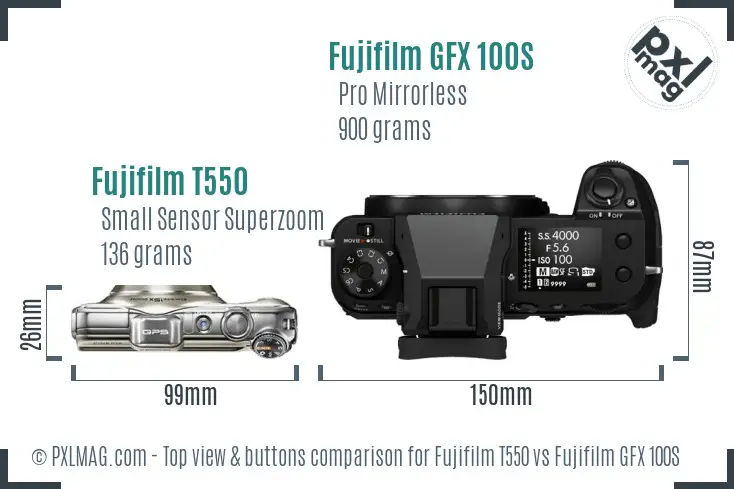 Fujifilm T550 vs Fujifilm GFX 100S top view buttons comparison