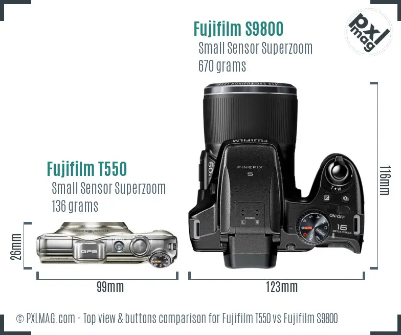 Fujifilm T550 vs Fujifilm S9800 top view buttons comparison