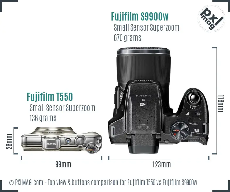 Fujifilm T550 vs Fujifilm S9900w top view buttons comparison