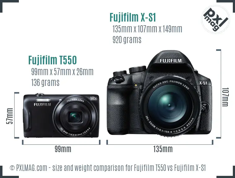 Fujifilm T550 vs Fujifilm X-S1 size comparison