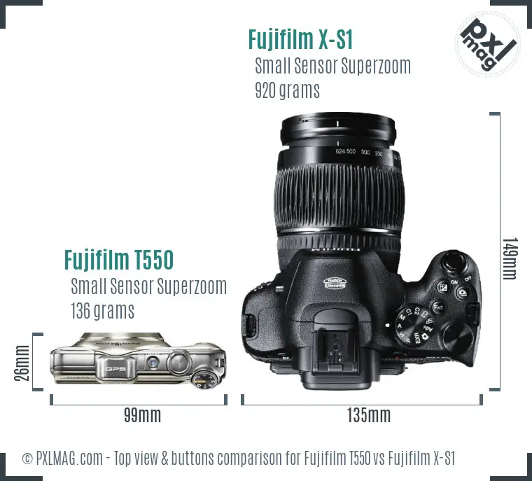 Fujifilm T550 vs Fujifilm X-S1 top view buttons comparison