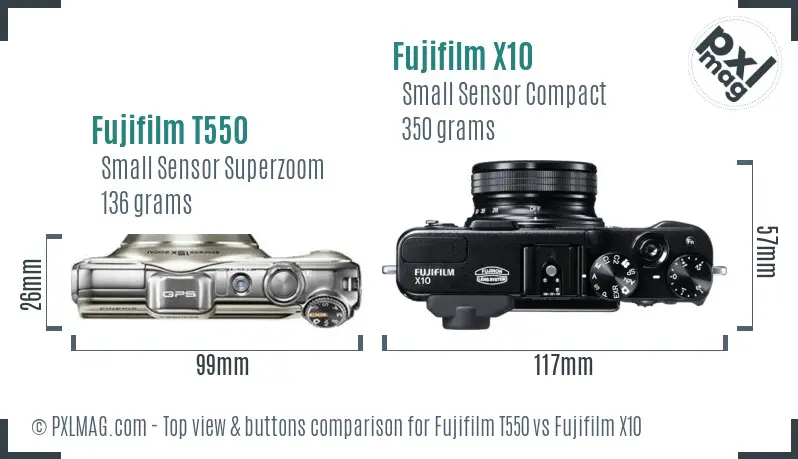 Fujifilm T550 vs Fujifilm X10 top view buttons comparison Fujifilm T550 vs Fujifilm X10 top view buttons comparison