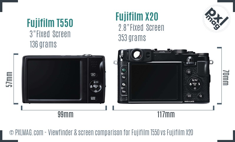 Fujifilm T550 vs Fujifilm X20 Screen and Viewfinder comparison