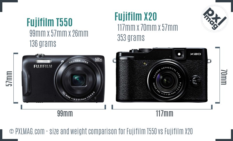 Fujifilm T550 vs Fujifilm X20 size comparison