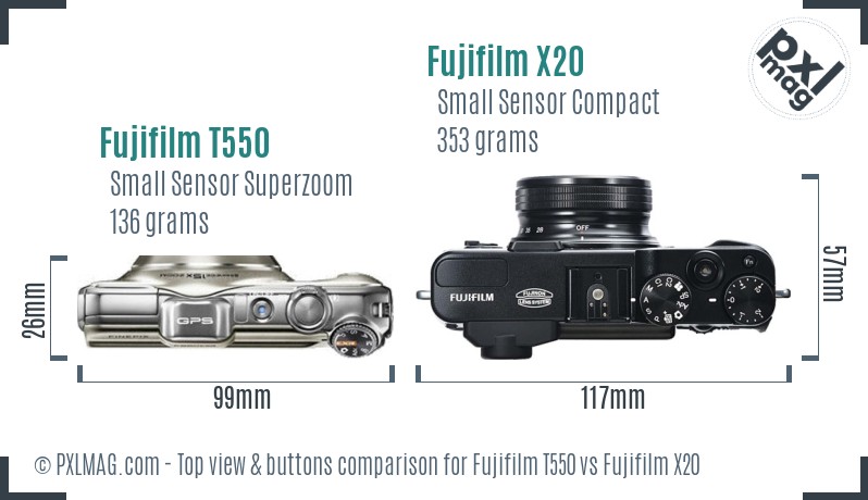 Fujifilm T550 vs Fujifilm X20 top view buttons comparison