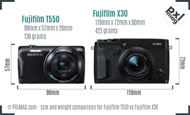 Fujifilm T550 vs Fujifilm X30 size comparison