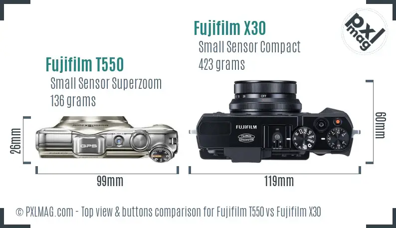 Fujifilm T550 vs Fujifilm X30 top view buttons comparison