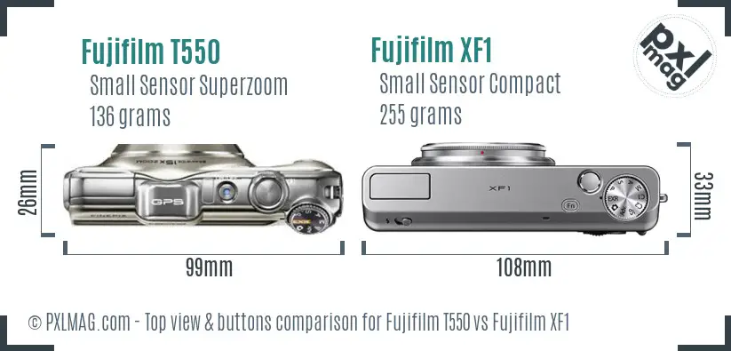 Fujifilm T550 vs Fujifilm XF1 top view buttons comparison