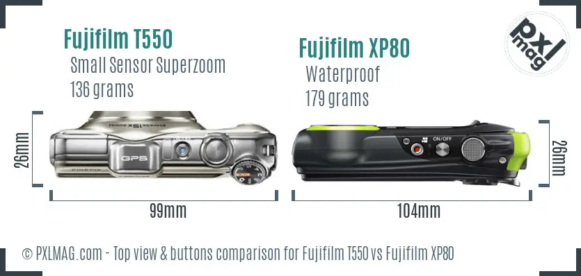 Fujifilm T550 vs Fujifilm XP80 top view buttons comparison