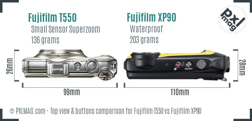 Fujifilm T550 vs Fujifilm XP90 top view buttons comparison