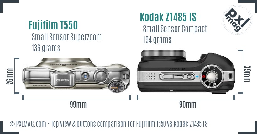 Fujifilm T550 vs Kodak Z1485 IS top view buttons comparison