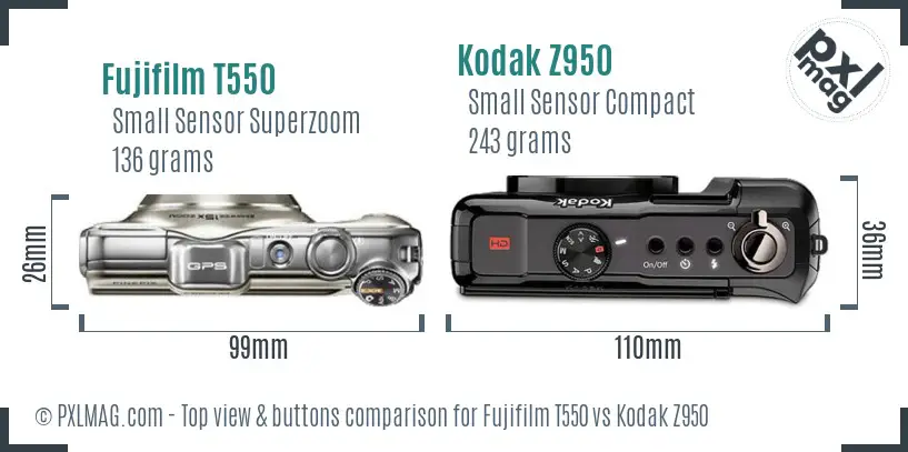 Fujifilm T550 vs Kodak Z950 top view buttons comparison