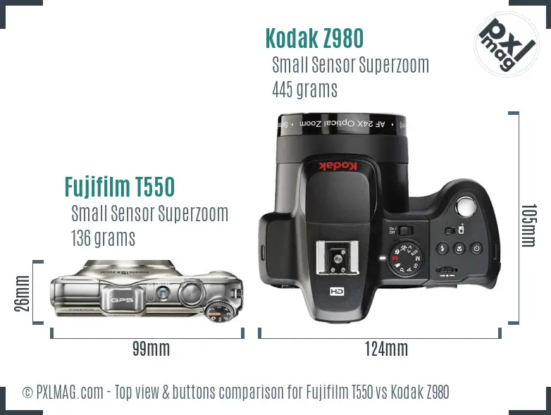 Fujifilm T550 vs Kodak Z980 top view buttons comparison