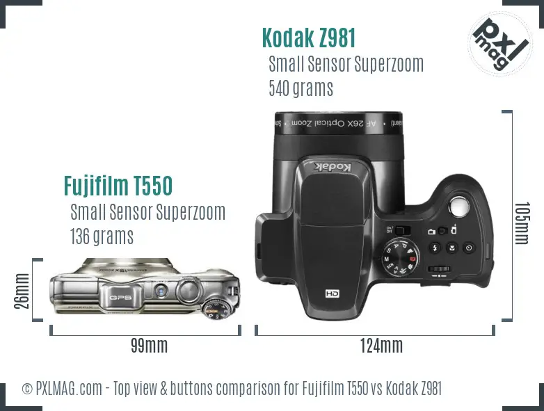 Fujifilm T550 vs Kodak Z981 top view buttons comparison