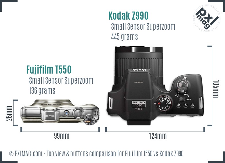 Fujifilm T550 vs Kodak Z990 top view buttons comparison