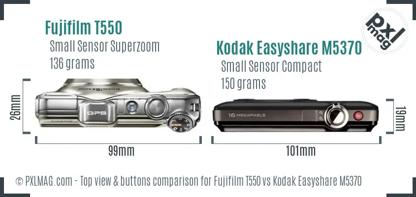 Fujifilm T550 vs Kodak Easyshare M5370 top view buttons comparison