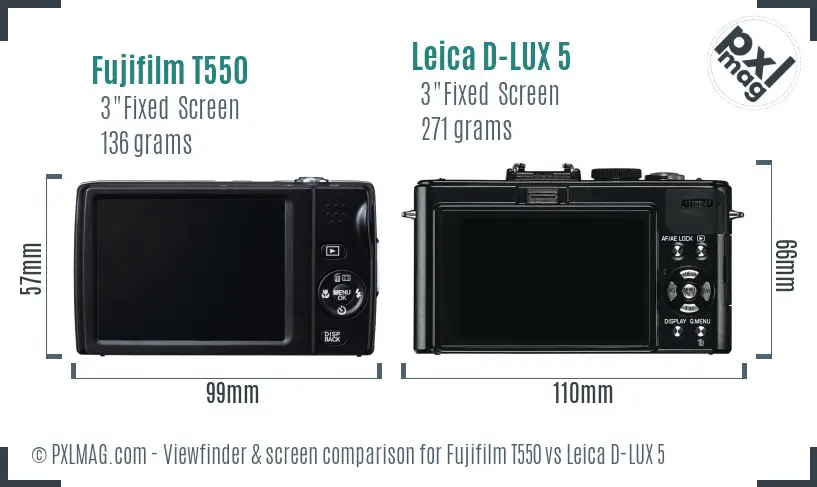Fujifilm T550 vs Leica D-LUX 5 Screen and Viewfinder comparison