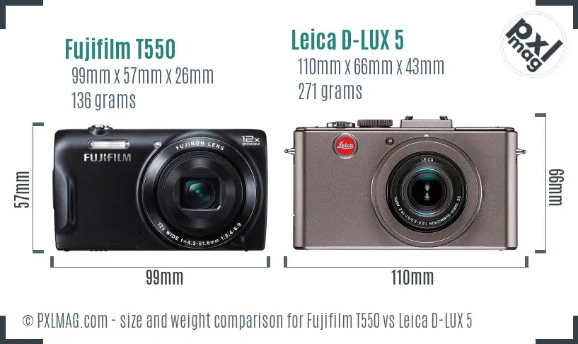 Fujifilm T550 vs Leica D-LUX 5 size comparison