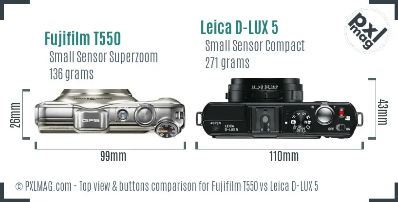 Fujifilm T550 vs Leica D-LUX 5 top view buttons comparison