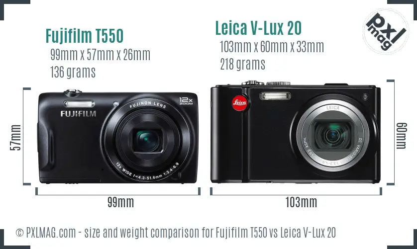 Fujifilm T550 vs Leica V-Lux 20 size comparison