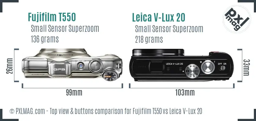 Fujifilm T550 vs Leica V-Lux 20 top view buttons comparison