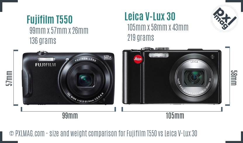 Fujifilm T550 vs Leica V-Lux 30 size comparison