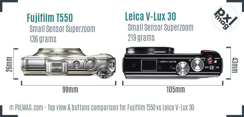 Fujifilm T550 vs Leica V-Lux 30 top view buttons comparison