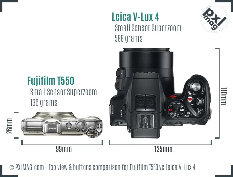 Fujifilm T550 vs Leica V-Lux 4 top view buttons comparison