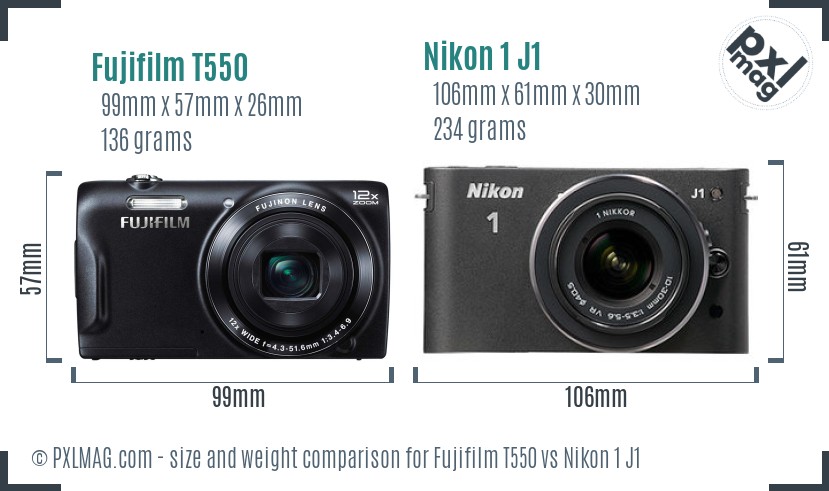 Fujifilm T550 vs Nikon 1 J1 size comparison