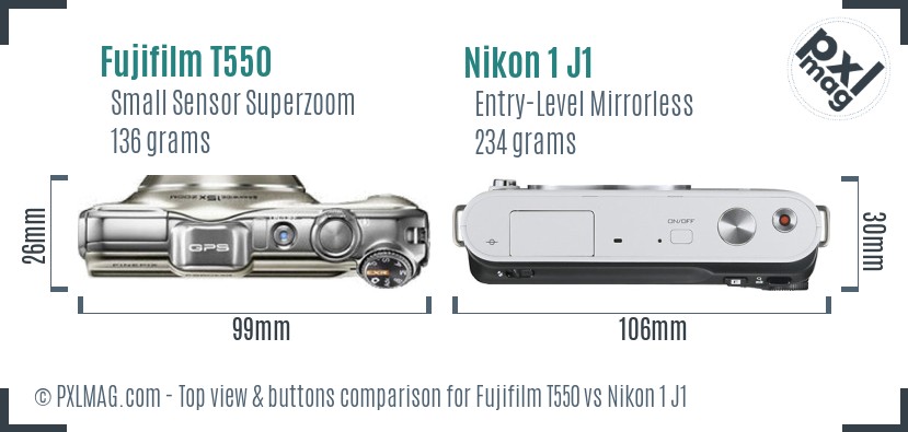 Fujifilm T550 vs Nikon 1 J1 top view buttons comparison