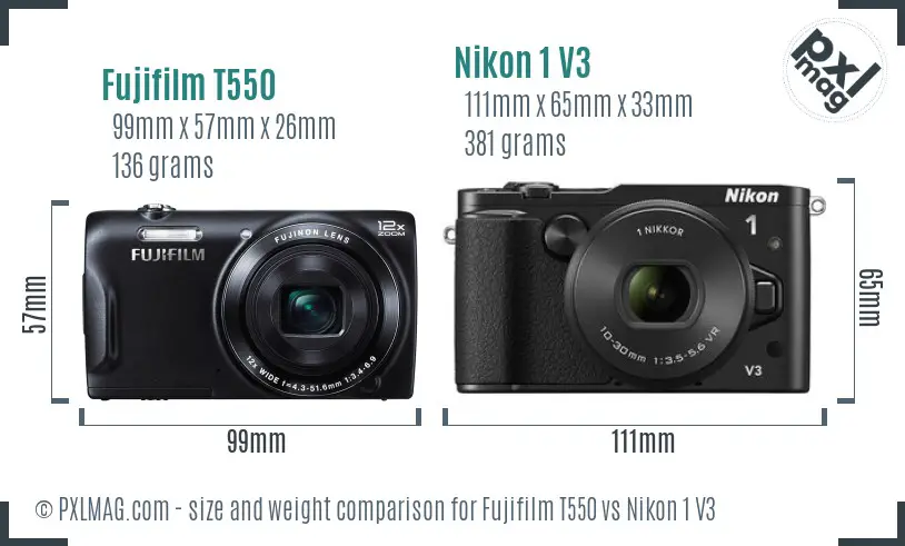 Fujifilm T550 vs Nikon 1 V3 size comparison Fujifilm T550 vs Nikon 1 V3 size comparison