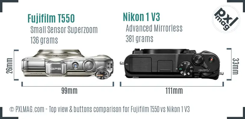 Fujifilm T550 vs Nikon 1 V3 top view buttons comparison Fujifilm T550 vs Nikon 1 V3 top view buttons comparison