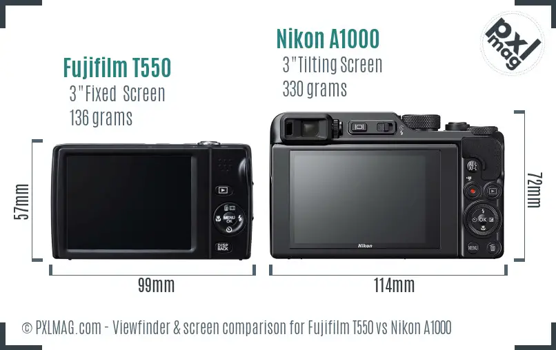Fujifilm T550 vs Nikon A1000 Screen and Viewfinder comparison