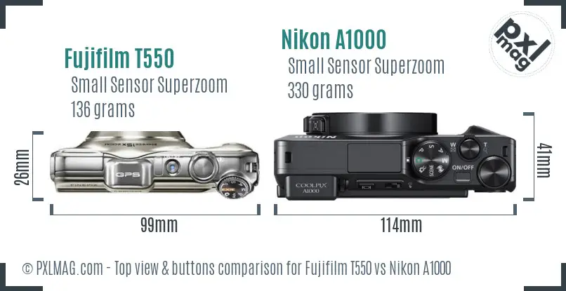 Fujifilm T550 vs Nikon A1000 top view buttons comparison