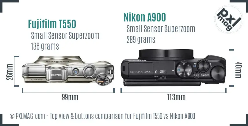 Fujifilm T550 vs Nikon A900 top view buttons comparison