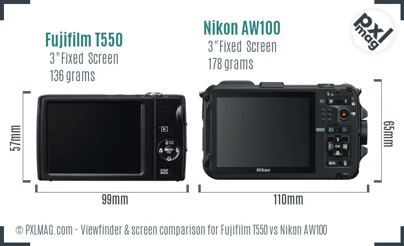Fujifilm T550 vs Nikon AW100 Screen and Viewfinder comparison