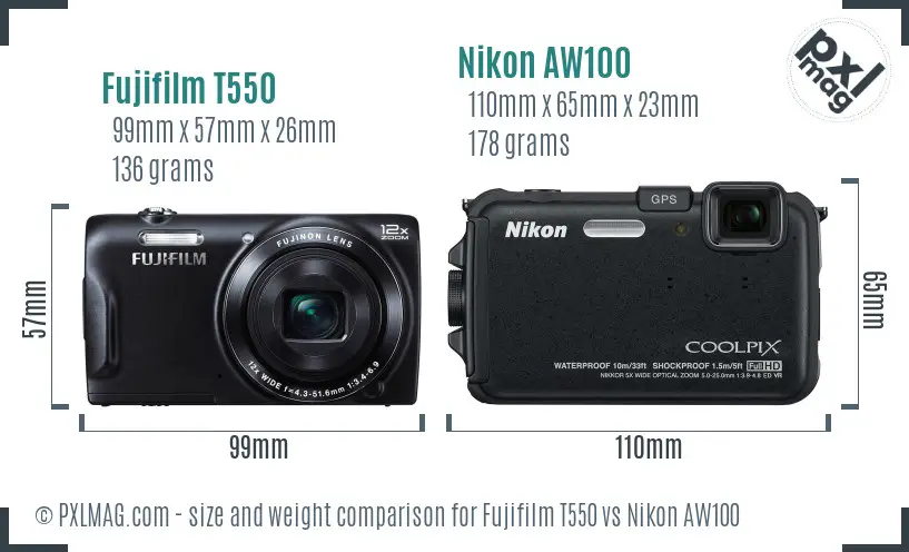 Fujifilm T550 vs Nikon AW100 size comparison