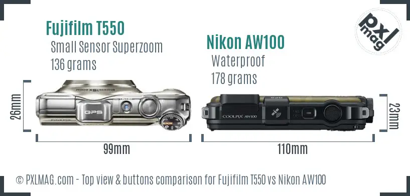 Fujifilm T550 vs Nikon AW100 top view buttons comparison