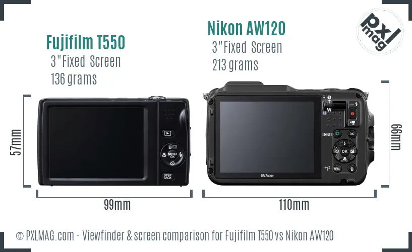 Fujifilm T550 vs Nikon AW120 Screen and Viewfinder comparison