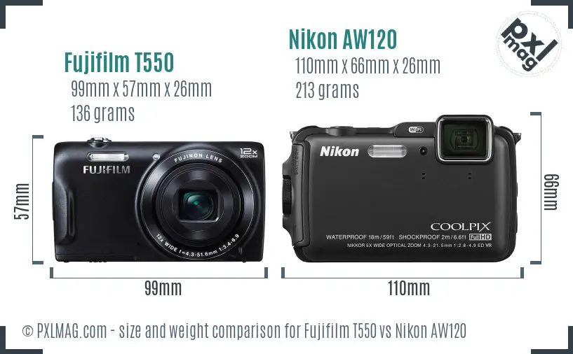 Fujifilm T550 vs Nikon AW120 size comparison