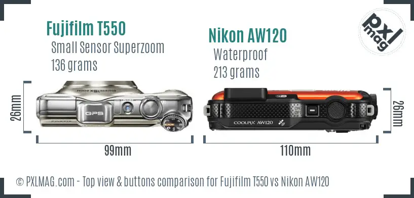 Fujifilm T550 vs Nikon AW120 top view buttons comparison
