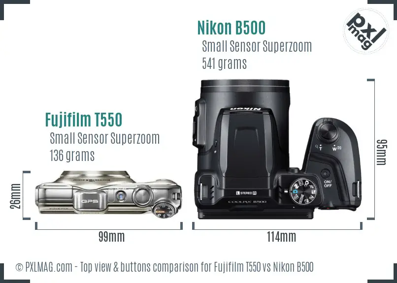 Fujifilm T550 vs Nikon B500 top view buttons comparison