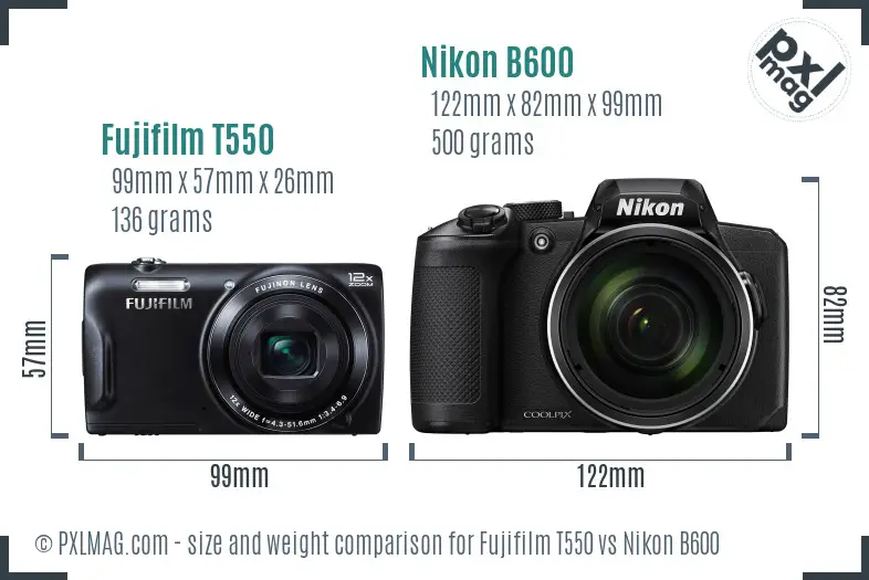 Fujifilm T550 vs Nikon B600 size comparison